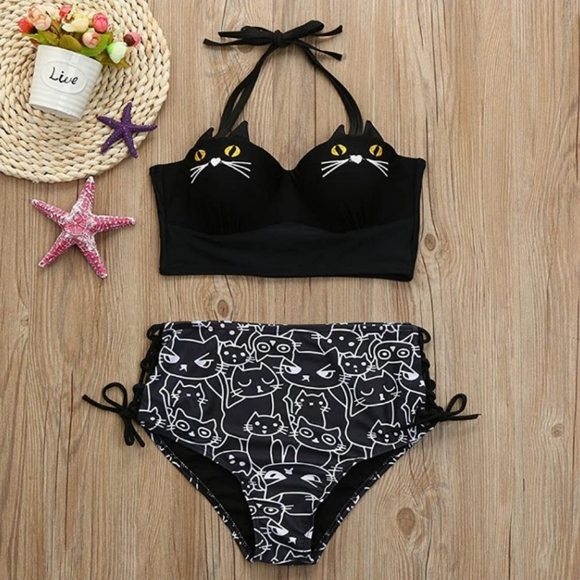 ●SALE●🇨🇦Kitty Cat Bikini Set Underwire Padded Bathing Suit Black￼￼￼￼￼ - Picture 2 of 10